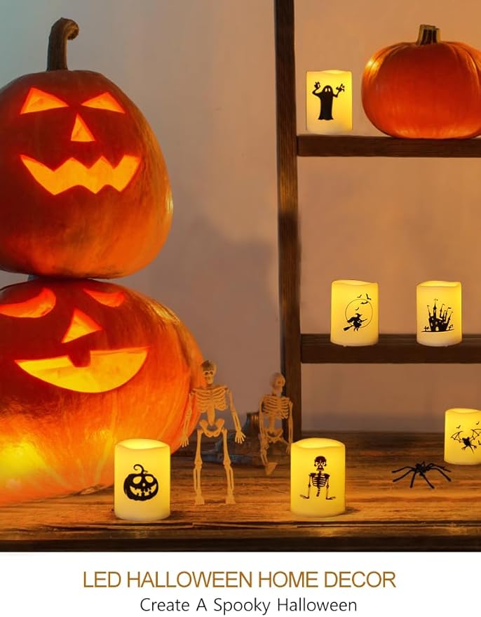 Set of 12 Halloween Votive Candles Battery Operated (White Body, Warm White Flicker) - Flameless Unscented Candles with Halloween Decals - LED Flickering Flameless Votive Candle
