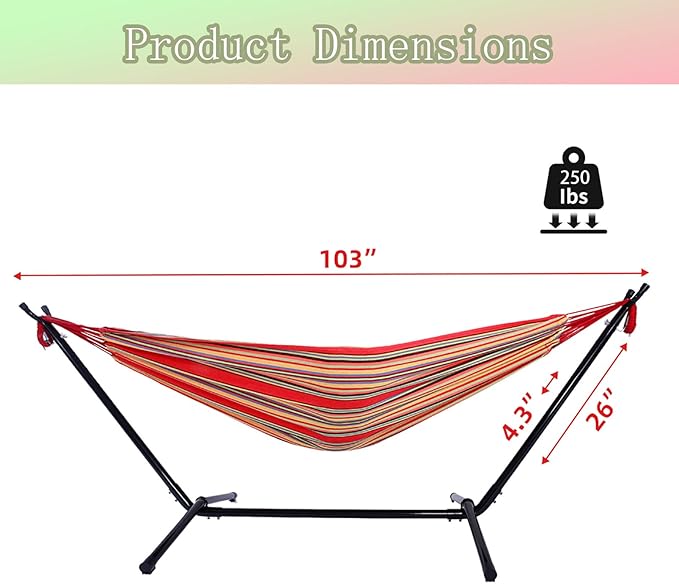 Hammock with Stand, 1-2 Person Heavy Duty Hammock with Carrying Bag, Polyester Outdoor Hammocks for Outside Backyard, Camping, Garden, Yard, Patio, 250 lbs Weight Capacity (Red Stripes)