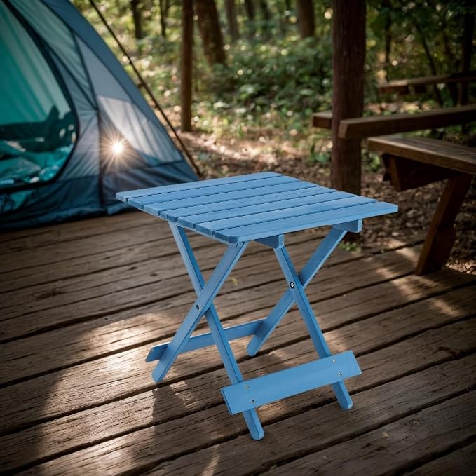 Foldable Solid Wood Side Table, Space Saving Outdoor Square Folding Patio Snack End Table, Fully Assembled Quick Fold Side Tables for Camping, Picnic, Backyard (Blue)