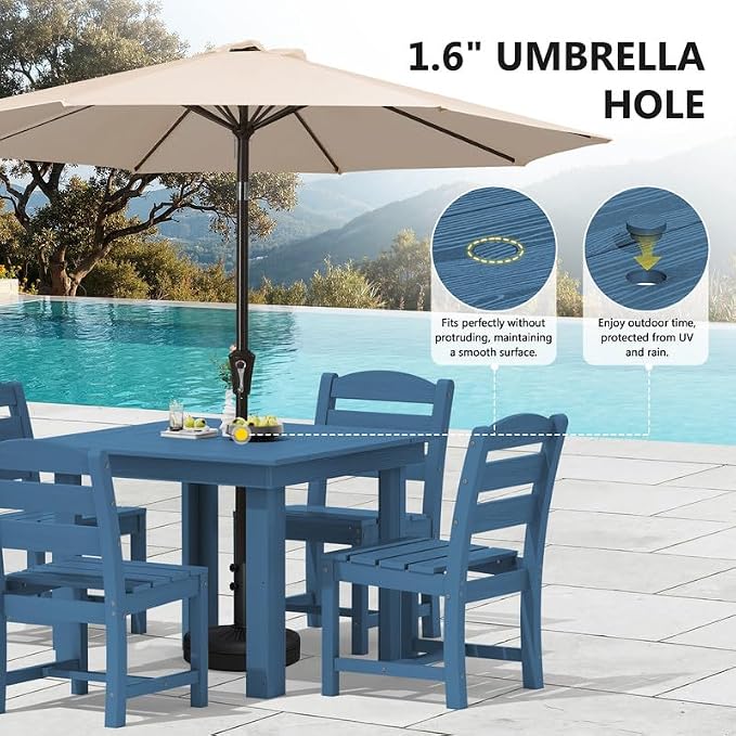 KINGYES 8-Piece HDPE Outdoor Dining Set for 6, Square Patio Table & Armless Chairs with Umbrella Hole, All-Weather Patio Dining Set for Backyard, Garden, Lawn & Poolside, Blue