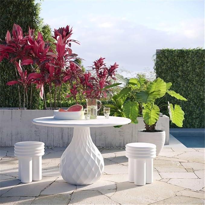 Pemberly Row 30" H Transitional Concrete Stone Dining Table, Ivory Finish, Round 47" Diameter, Durable Handmade Design, Diamond-Pattern Pedestal Base, Indoor or Outdoor Patio Dining Table