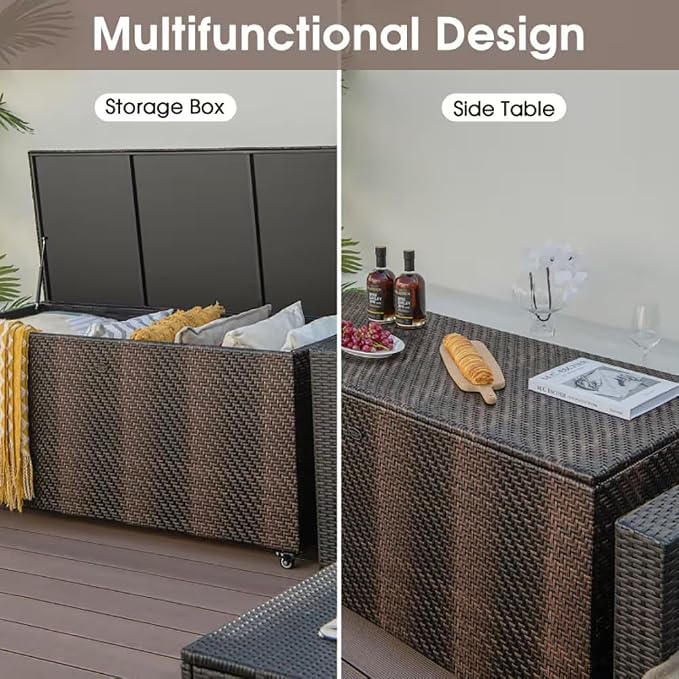 96 Gallon Outdoor Wicker Storage Box, Waterproof Deck Box with Wheels & Gas Strut, Weather Resistant Patio Container for Cushions, Tools, Garden