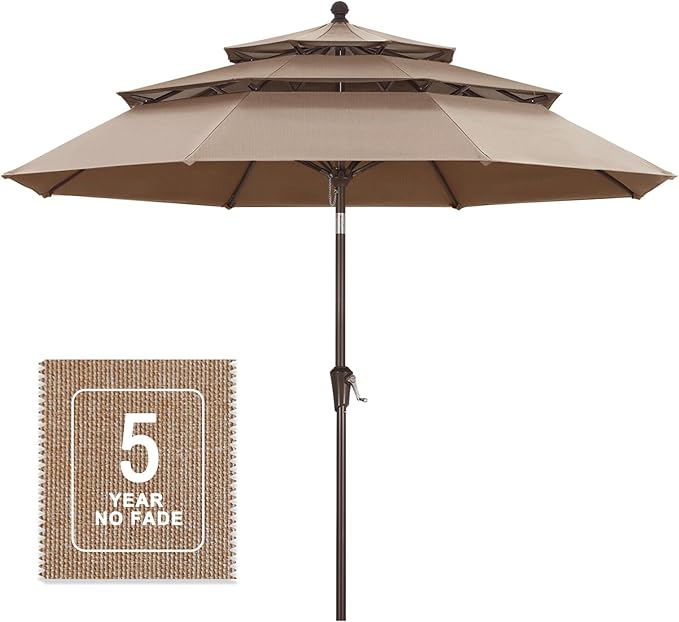 MASTERCANOPY 9ft 3-Tier Olefin Patio Umbrella with Tilt Crank, 5-Year-Non-Fading Canopy & 8 Fiberglass Ribs for Deck, Patio, and Garden, Khaki