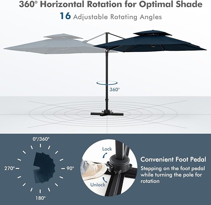 Tangkula 9.5 FT Cantilever Patio Umbrella, Outdoor Square Offset Umbrella with 360° Rotation, Double Top Heavy Duty Patio Hanging Umbrella with Cross Base for Garden Deck Pool Backyard (Navy)