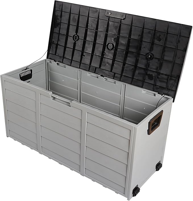 75 Gallon Waterproof Outdoor Deck Box with Wheels, Lockable Resin Patio Storage Container for Cushions, Garden Tools, Pool Accessories and Outdoor Supplies, Black Grey