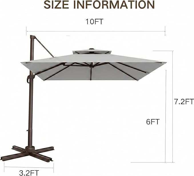 Kingdura Cantilever Patio Umbrella with Double Top Vent, Large Square Aluminum Outdoor Offset Umbrella with 360-degree Rotation, Infinite Tilt, UV Protection for Pool Deck Garden Patio