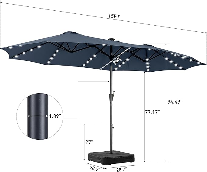 15 ft Patio Umbrella with 48 LED Lights, Large Rectangle Outdoor Solar Umbrella with Matching Base, Strap, Crank, Navy Blue