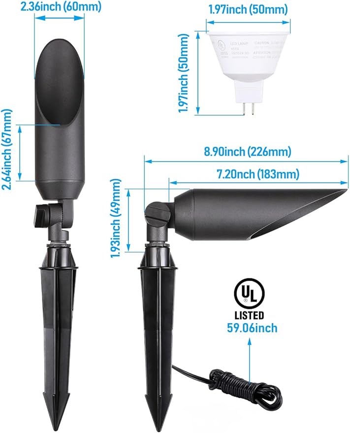 LEONLITE 9 Inch Low Voltage Landscape Spotlight, 12V LED Outdoor Landscape Lighting, with 7W 3000K MR16 Bulbs, Max 50W GU5.3 Base, Die-Cast Aluminum Uplighting for Garden Tree Yard, Black, Pack of 4