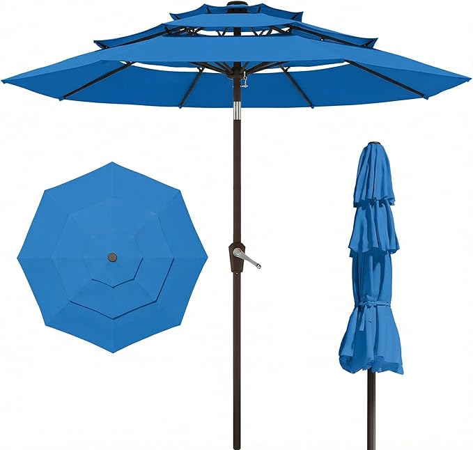 PatioKingdom 9ft 3-Tier Patio Market Umbrella with Crank/Tilt, Commercial Heavy Duty Wind Proof,Outdoor Table Umbrella with 8 Fiberglass Ribs,UPF50+ for Deck,Pool,Garden,Backyard (Royal Blue)