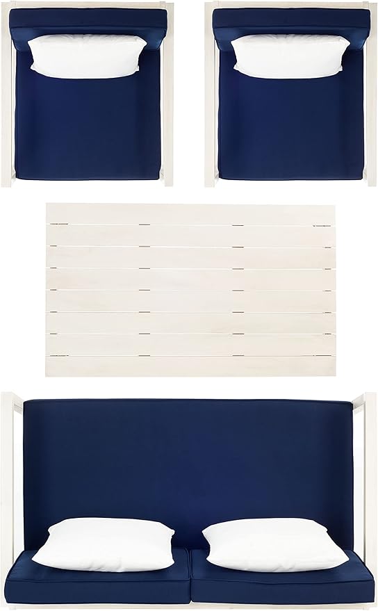 SAFAVIEH Outdoor Collection Montez White/ Navy Cushions/ White Pillows 4-Piece Conversation Patio Set