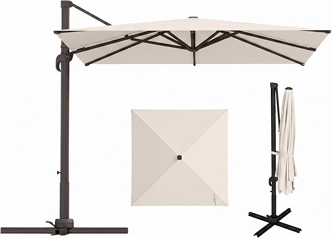 9x9 FT Square Cantilever Umbrella,Easy Tilt, Fade Resistant & 360° Rotation, Offset for Pool Deck Backyard Patiooff-white (Base not Included)