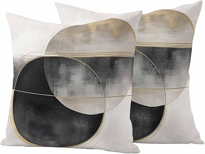 Abstract Art Outdoor Waterproof Throw Pillow Covers Set of 2, 16"x16", Mottled Geometric Moon Black Gold Circle Striped Decorative Pillow Covers Outside Cushion Case for Patio Porch Garden