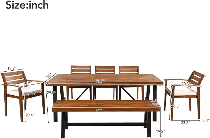 Merax Patio Table and Chairs Set for 8, Outdoor Dining Set Includes 78.7" Thicker Acacia Wood Patio Table, 5 Patio Chairs with Cushions and 1 Bench for Backyard, Courtyard, Poolside, Natural