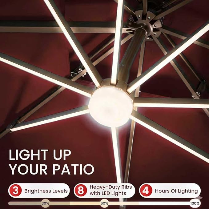 10x10 FT Cantilever Patio Umbrella with Base and Led Lights Double Top Outdoor Square Large Heavy Duty Aluminum Offset Umbrellas with 7 Level Tilt 360-degree Rotation for Pool Garden Deck, Wine Red