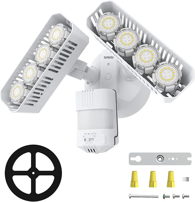 SANSI 7000LM Brightness Motion Sensor Outdoor Light,Dusk to Dawn LED Flood Light,54W 5000K 700W Equiv IP65 Floodlight with Adjustable 2 Heads 8 Lights More Energy Efficient for Garage,Yard (White)