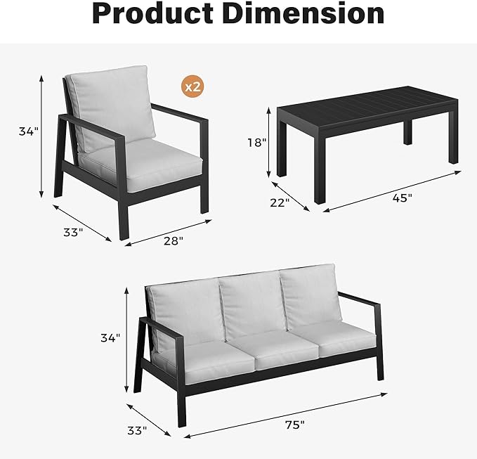 Solaste Aluminum Outdoor Patio Furniture Set, 5 Seats Water-Resistant Patio Conversation Set, Modern Metal Furniture Set with Coffee Table for Backyard Poolside Garden, Grey