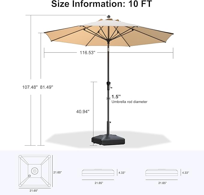 PURPLE LEAF 10' Round Patio Market Umbrella with Base Outdoor Table Umbrellas Aluminum Frame Sun Shade with 8 Sturdy Ribs Tilt for Garden Deck Lawn Pool Beige