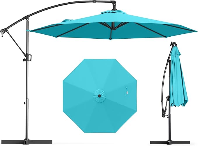 Tangkula 10 FT Patio Offset Umbrella, Hanging Cantilever Umbrella w/X-shaped Base & 360° Rotation, Smooth Crank Handle, Vented Top, Outdoor Market Umbrella for Backyard, Deck (Turquoise)
