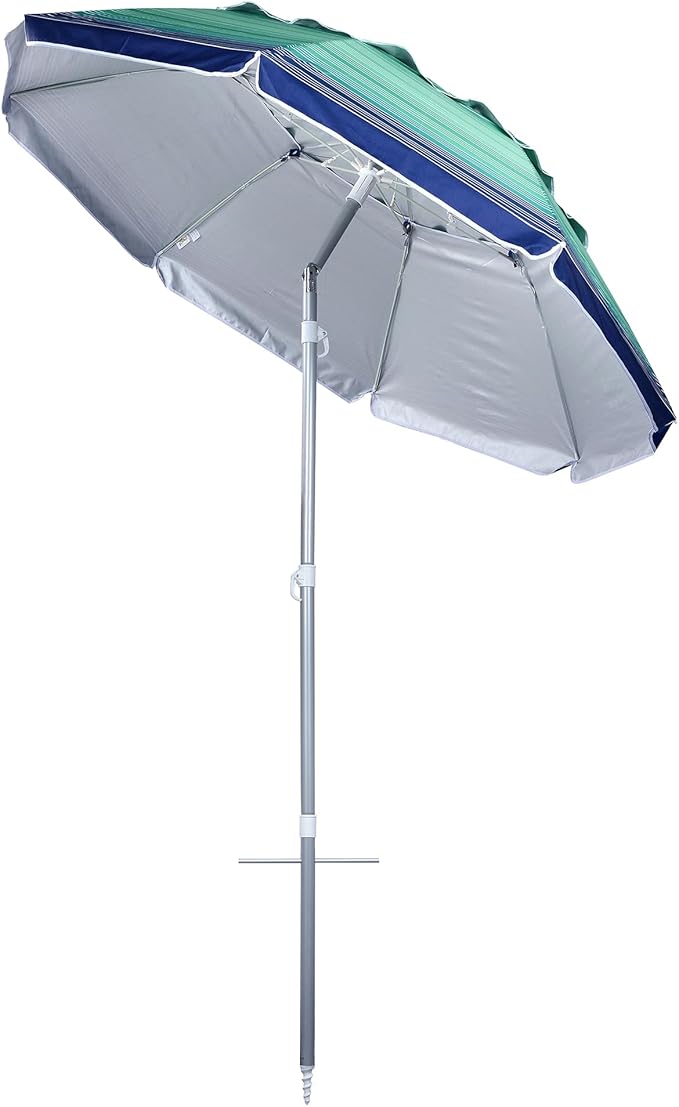 6.5ft folded Portable beach umbrella with sand anchor windproof, Push Button Tilt and Air vent UPF 50+ Protection Fits in a large Suitcase for Patio Garden Beach Pool Backyard, Blue Multi Stripe CA-1902