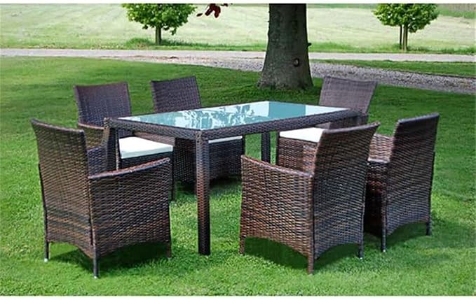Afuera Living 7 Piece Patio Dining Set, Synthetic Poly Rattan, Brown Finish, Includes Table with Tempered Glass Top and 6 Chairs with Removable Cushions, Weather-Resistant Outdoor Furniture, Seats 6