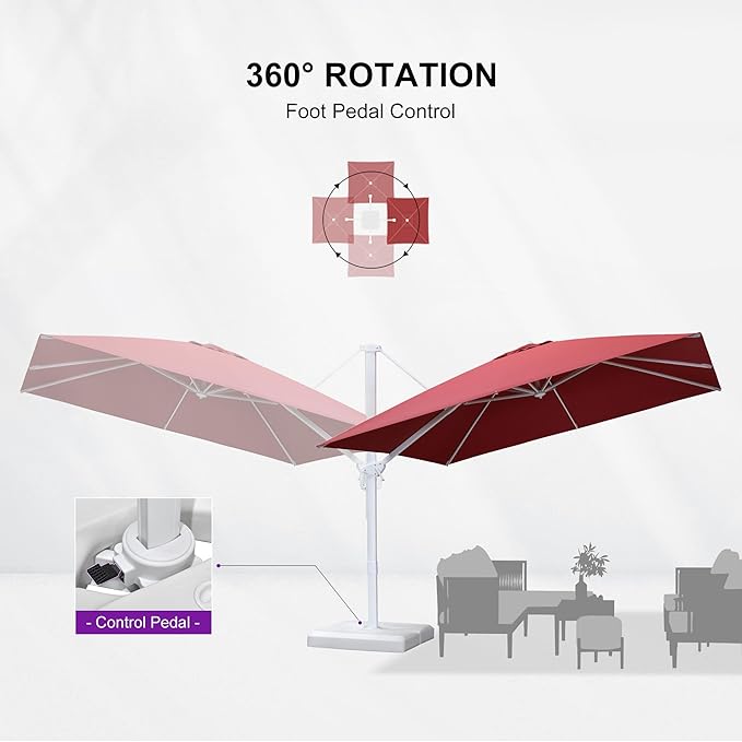 PURPLE LEAF 10 FT Patio Umbrella With Base White Cantilever Umbrella Square Outdoor Offset Umbrella Windproof with 360° Rotation for Garden Deck Pool, Ruby Red
