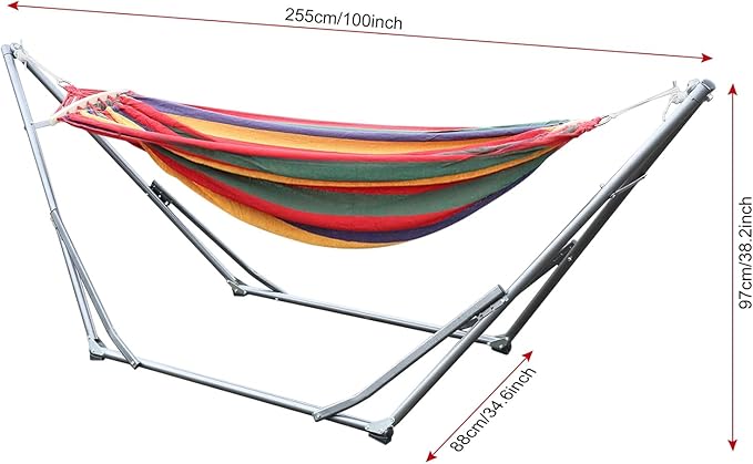 Double Hammock with Stand for Outside Indoor Hammock with Space Saving Metal Stand and Carrying Bag, Easy Assembly, 440lbs, Dual-bar Design Red
