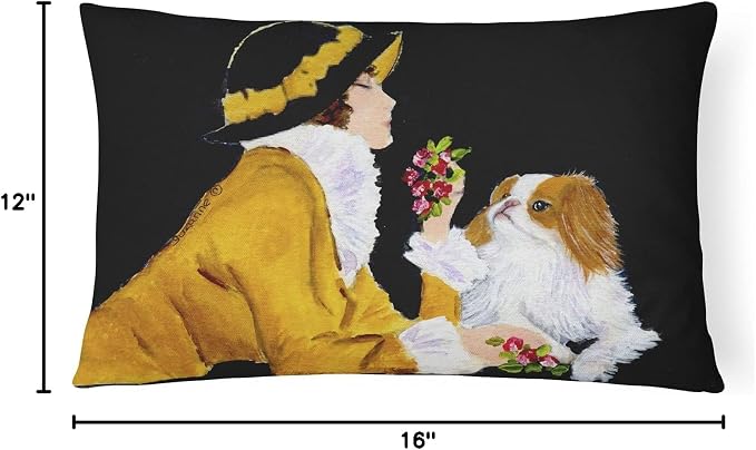 Caroline's Treasures SS8540PW1216 Lady with her Japanese Chin Canvas Fabric Decorative Pillow Machine Washable, Indoor Outdoor Decorative Pillow for Couch, Bed or Patio, 12HX16W