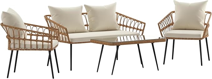 Flash Furniture Evin Boho 4 Piece Patio Conversation Set - Natural Rope Rattan - Cream All-Weather Cushions - Tempered Glass Top Coffee Table - Indoor/Outdoor