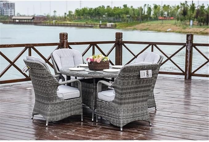 Pemberly Row 5-Piece Round Aluminum Rattan Outdoor Dining Set, Gray, Tempered Glass Table, All-Weather Wicker, Soft Cushioned Chairs, Modern Patio Furniture for Backyard or Garden