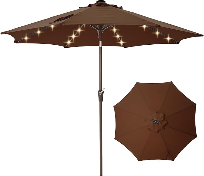 9FT Solar-Powered LED Patio Umbrella with Tilt Crank,Outdoor Market Umbrella with 32 Lights,Sunshade for Deck, Garden and Pool