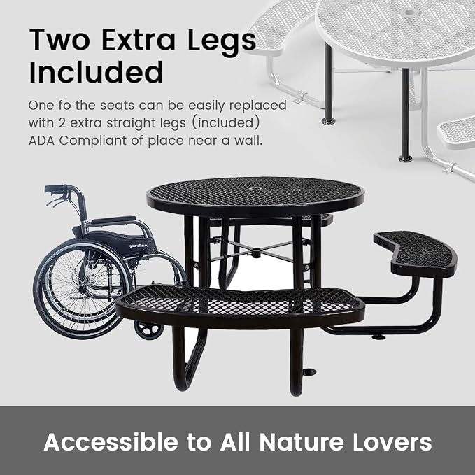 46" Round All Metal Picnic Table for 4-8 Person, Durable Heavy Duty Commercial Picnic Table with Umbrella Hole for Outdoor Coffee Shop, School, Easy to Assemble, Black