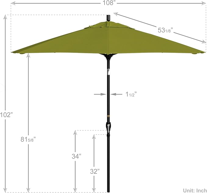 California Umbrella 9' Round Aluminum Market Umbrella, Crank Lift, Push Button Tilt, Black Pole, Pacifica