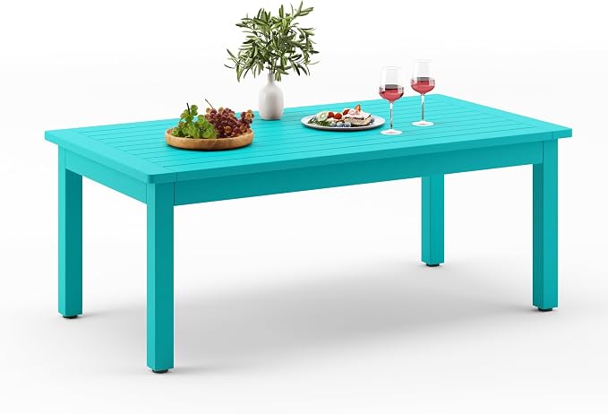 LUE BONA Outdoor Coffee Table Rectangle, 42.5" HDPS Patio Coffee Tables for Outside, All Weather Patio Coffee Table with Slatted Tabletop for Deck, Garden, Balcony, Indoor or Outdoor Use, Aruba Blue