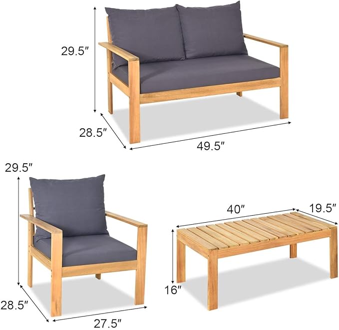 HAPPYGRILL 4 Pieces Wood Patio Conversation Set, Outdoor Furniture Sofa Table Set, Cushions, Acacia Wood Chairs & Coffee Table Set for Garden Backyard Poolside