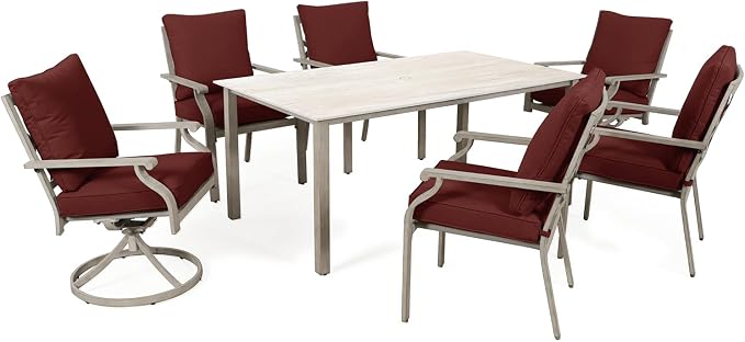 7-Piece Patio Dining Set, White Food-Grade Sintered Stone Dining Table with Umbrella Hole, 4 Dining Chairs and 2 Swivel Chairs with Red Removable Thickened Cushions for Garden Lawn Yard