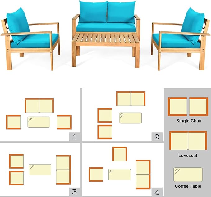 HAPPYGRILL 4 Pieces Wood Patio Conversation Set, Outdoor Furniture Set Wood Sofa Table Set with Cushions, Acacia Wood Chairs & Coffee Table Set for Garden Backyard Poolside