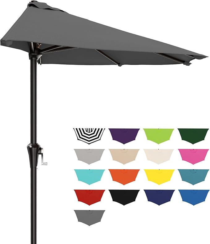 AreShark 9FT Half Patio Umbrella, Outdoor Wall Umbrella with Crank & 5 Sturdy Ribs, Table 1/2 Umbrella Patio for Garden, Deck, Balcony and Pool, Gray