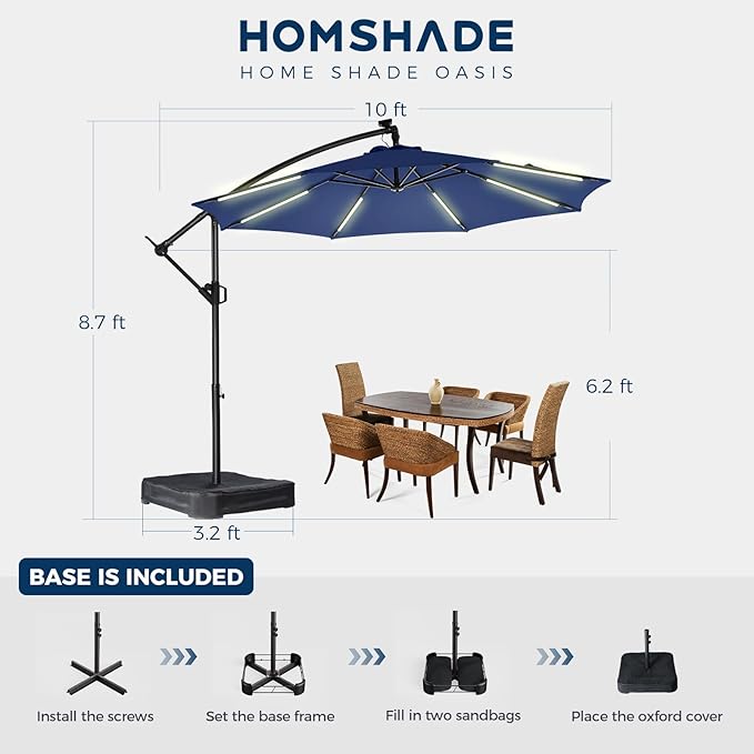 HOMSHADE 10ft Solar Lights Offset Cantilever Patio Umbrella - with Light and Base, LED Lighted Offset Hanging Patio Outdoor Market Umbrella UPF50+ UV Protection with Easy Tilt and Crank (Navy Blue)