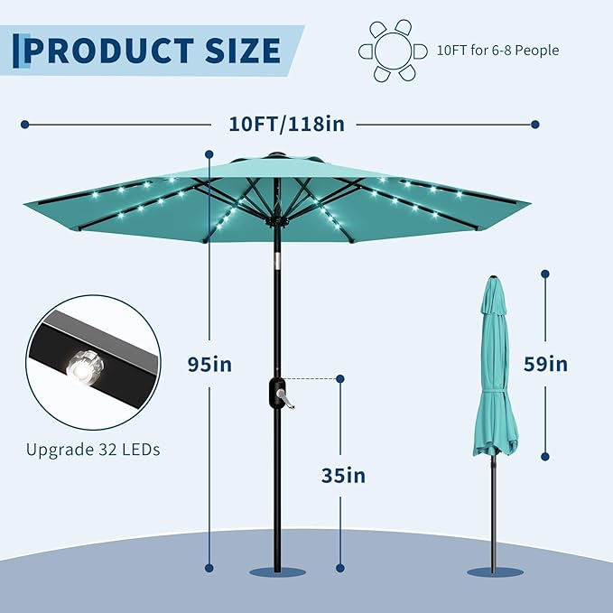 10 ft Patio Umbrella with Solar Lights, Outdoor LED Lighted Umbrella, 40 LED Lights & Tilt Crank, 8 Ribs for Poolside, Deck, Backyard