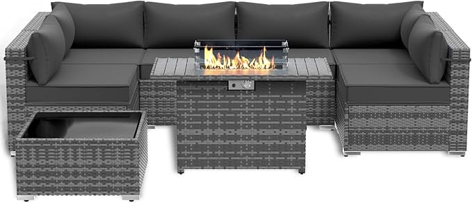Patio Furniture Set with 43" Fire Pit Table, 8pcs Outdoor Sectional Sofa Set Heavy Duty Wicker Furniture Set with 2 Waterproof Covers