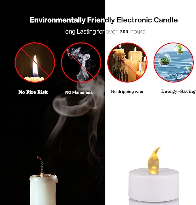 JUNPEI 24Pack Battery Tea Lights LED - Realistic and Bright Flickering Holiday Gift Operated Flameless for Seasonal & Festival Celebration Warm Yellow Lamp Battery Powered