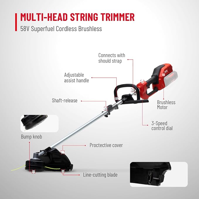 DCK Powerful String Trimmer & Edger - 15-Inch Telescopic Carbon Fiber Straight Shaft Cordless Weed Wacker with Wrench and Shoulder Strap (Tool Only)