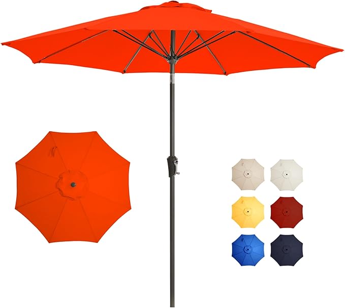 9FT Large Outdoor Patio Umbrella Pool Market Umbrella-UV Resistant, Easy Push Button Tilt and Crank, 8 Sturdy Ribs Heavy-Duty Table Umbrella for Deck, Backyard, Garden(Orange)