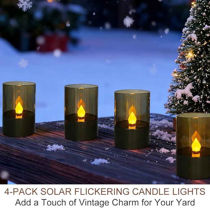 Bright Zeal 4.5" 4-Pack Gray-Green Solar Flickering Candle Lights – Waterproof LED Flameless Pillar Candles for Outdoor Pathway, Garden & Patio – Spring & Summer Home Decor