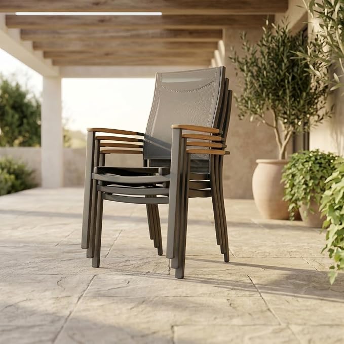 Amazonia Franklin 9-Piece Teak Finish Wood and Aluminum Rectangular Extendable Patio Dining Set | 100% Teak from Indonesia Armrests | Ideal for Outdoors and Indoors