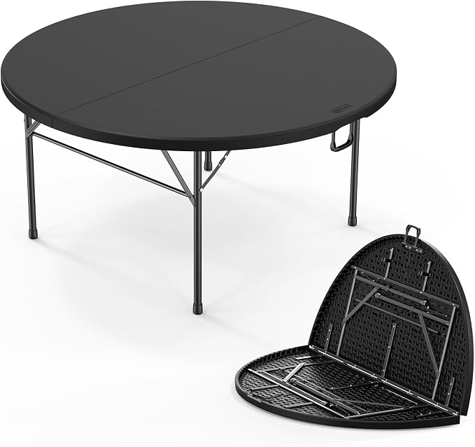 VINGLI 5 FT Black Round Bi-Folding Commercial Table, 60 inch Portable Plastic Dining Card Table for Kitchen Party Wedding Event, 4-Pack