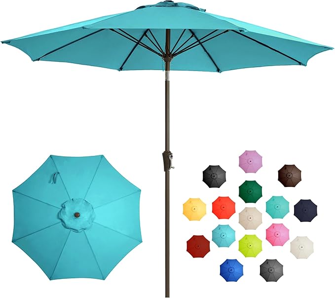 LOUNZY 9FT Large Outdoor Patio Umbrella Table Umbrella-UV Resistant,Easy Push Button Tilt and Crank,8 Sturdy Fiberglass Ribs Pool Umbrella for Patio,Backyard,Deck,Yard,Market