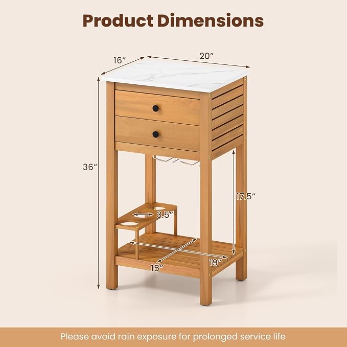 Giantex Acacia Wood Outdoor Side Table, Patio Buffet Cabinet Bar Table with Faux Marble Countertop, 2 Drawers, Glass & Wine Holders, Patio Storage Cabinet for Garden, Backyard