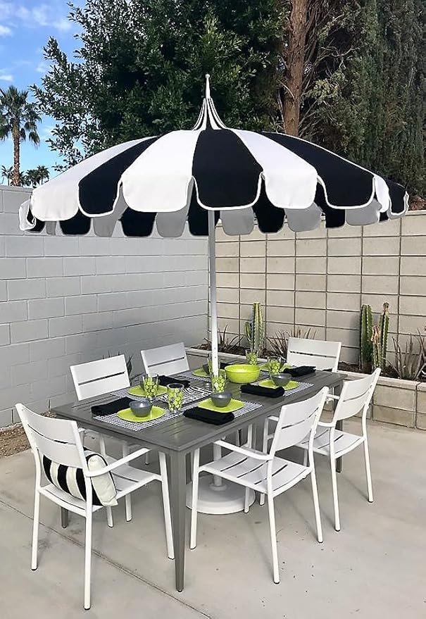 California Umbrella 8.5' Rd. Pagoda Style Patio Umbrella, White Pole, Black/Natural