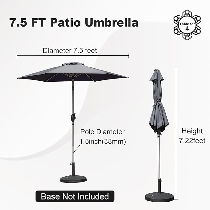 Domi 7.5FT Patio Umbrella, Outdoor Table Umbrella with Aluminum Pole, UV Protection Waterproof Market Sun Umbrella with Push Button Tilt and Crank for Garden, Deck, Backyard, Pool (Gray)